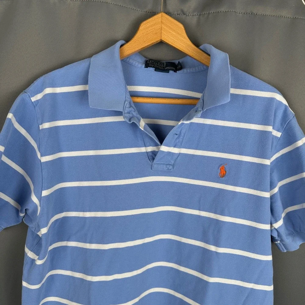 Polo Ralph Lauren Men XL Blue White Striped Short Sleeve Pique Polo Shirt Orange